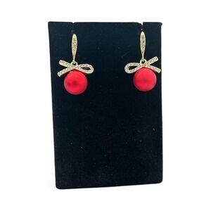 Women's Red Bow‎ Ball Dangle Earrings Gold Tone Crystal Accents